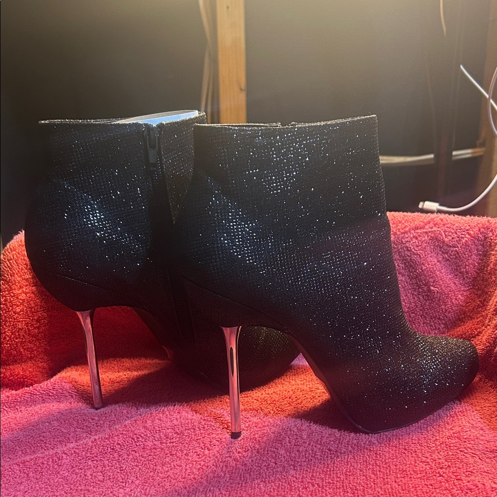 Cupid Black Glitter Ankle Boots with Silver Heels